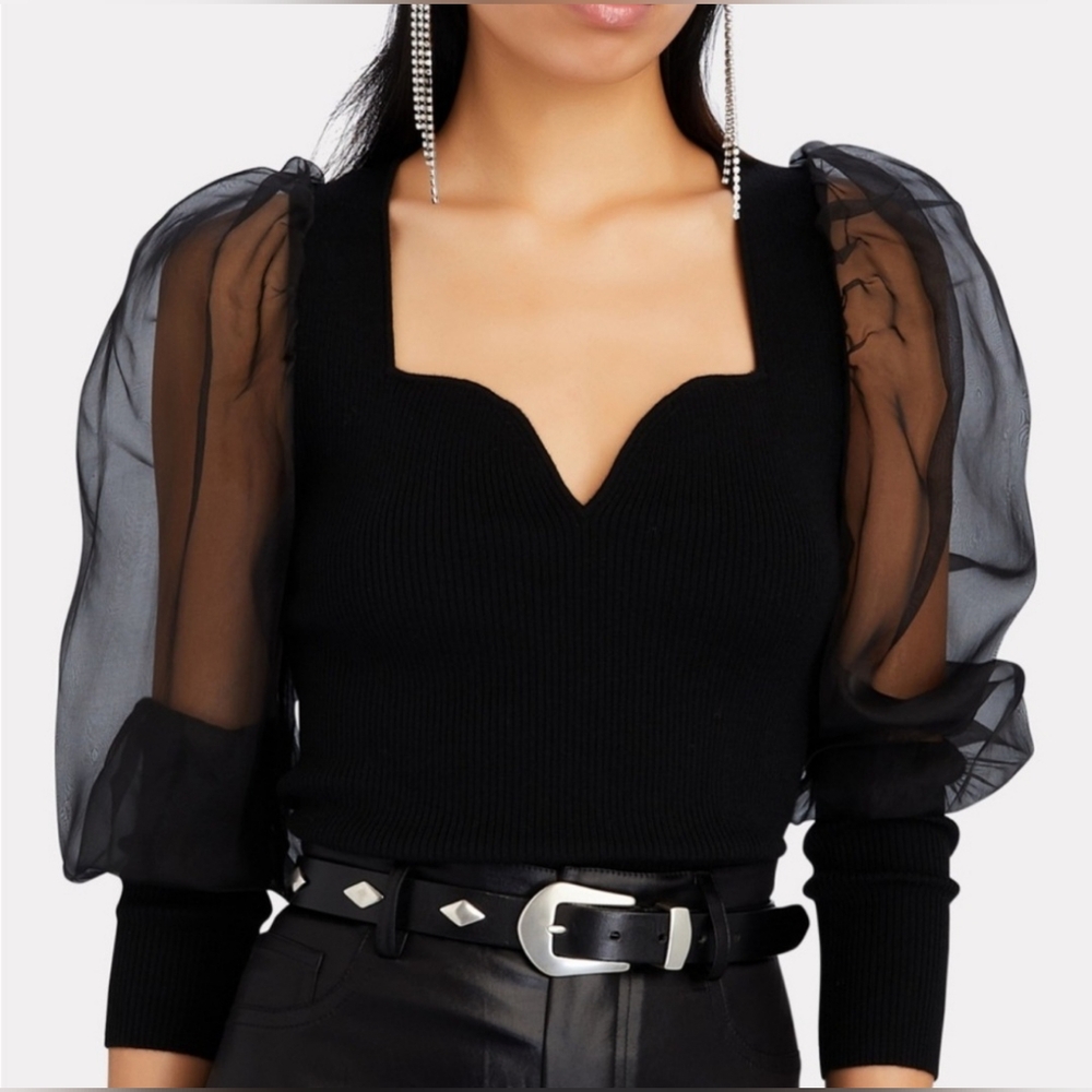 Veronica Beard Finian Mixed Media Puff-Sleeve Top Size XL